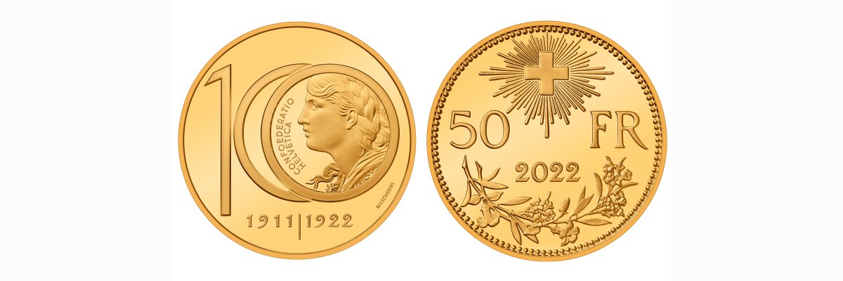 50 Franken Sondermünze 2022 Gold 100 Jahre letzte Prägung 10 Franken Goldvreneli - 