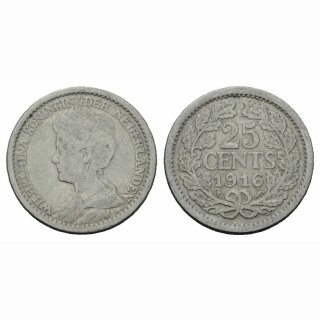 Niederland  25 Cents 1916 Wilhelmina
