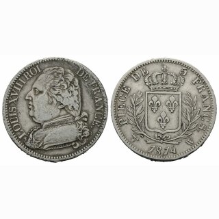 Frankreich 5 Francs 1814 W Louis XVIII