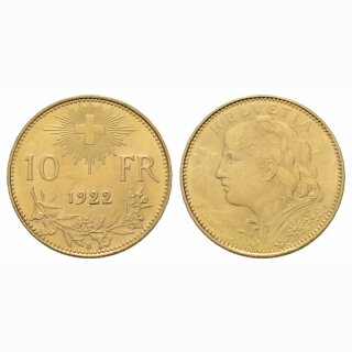 Schweiz 10 Franken 1922 B Vreneli