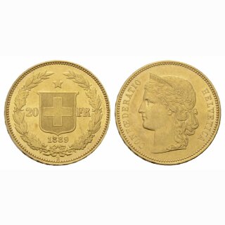 Schweiz 20 Franken 1889 Abart 3 Sterne Dominus &uuml;ber Kopf