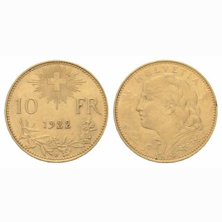 Schweiz 10 Franken  1922 B Vreneli