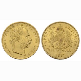 Österreich 20 Francs / 8 Florin 1892 Kaiser Franz Josef