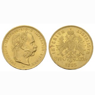 Österreich 20 Francs / 8 Florin 1892 Kaiser Franz Josef