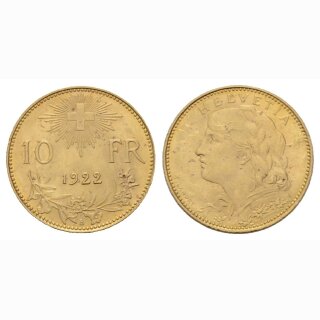 Schweiz 10 Franken  1922 B Vreneli