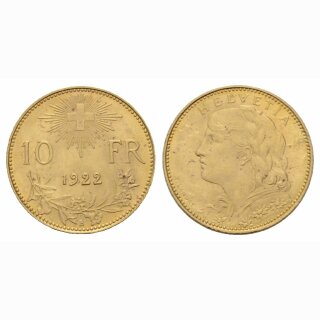 Schweiz 10 Franken  1922 B Vreneli