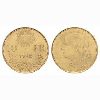 Schweiz 10 Franken 1922 B Goldvreneli