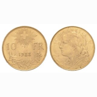 Schweiz 10 Franken 1922 B Goldvreneli