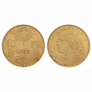 Schweiz 10 Franken  1922 B Goldvreneli