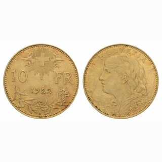 Schweiz 10 Franken  1922 B Goldvreneli