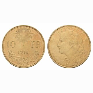 Schweiz 10 Franken 1914 B Goldvreneli