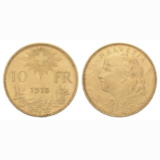 Schweiz 10 Franken 1913 B Goldvreneli