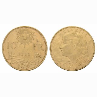 Schweiz 10 Franken 1911 B Goldvreneli