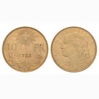 Schweiz 10 Franken 1922 B Vreneli