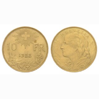 Schweiz 10 Franken 1922 B Vreneli