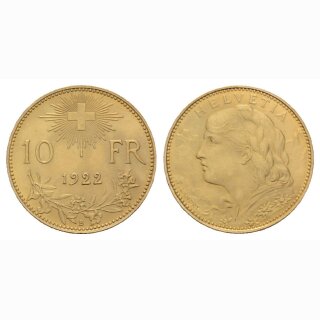 Schweiz  10 Franken 1922 B Vreneli