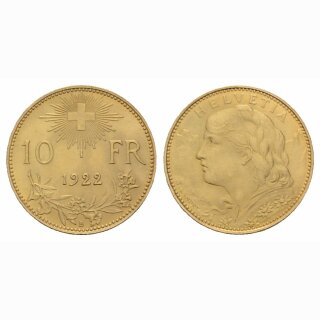Schweiz  10 Franken 1922 B Vreneli