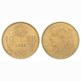 Schweiz  10 Franken 1922 B Vreneli