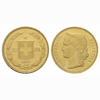 Schweiz  20 Franken  1891 B Helvetia