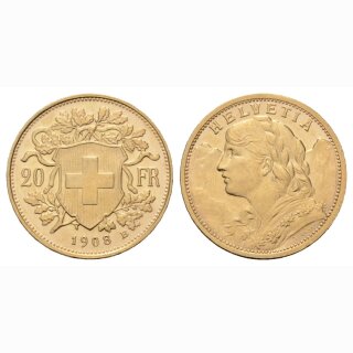 Schweiz  20 Franken  1908 B Vreneli