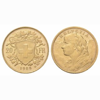 Schweiz  20 Franken  1908 B Vreneli