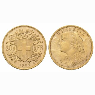 Schweiz  20 Franken  1909 B Vreneli