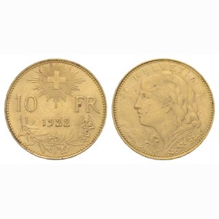 Schweiz 10 Franken  1922 B Vreneli