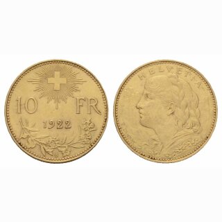 Schweiz 10 Franken  1922 Goldvreneli