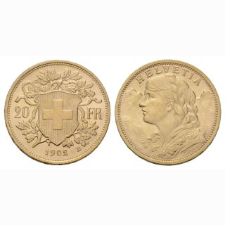 Schweiz 20 Franken 1902 B Goldvreneli