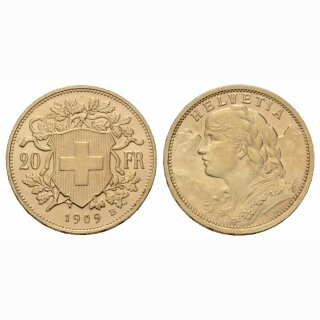 Schweiz 20 Franken 1909 B Goldvreneli