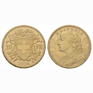 Schweiz 20 Franken 1914 B Goldvreneli