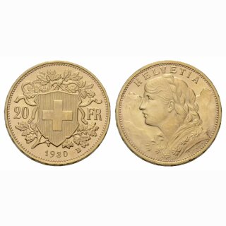 Schweiz 20 Franken 1930 B Goldvreneli