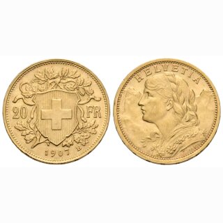 Schweiz 20 Franken 1907 B Goldvreneli