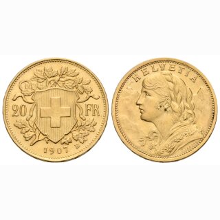 Schweiz 20 Franken 1907 B Goldvreneli