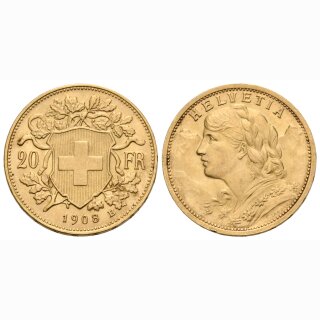 Schweiz 20 Franken 1908 B Goldvreneli