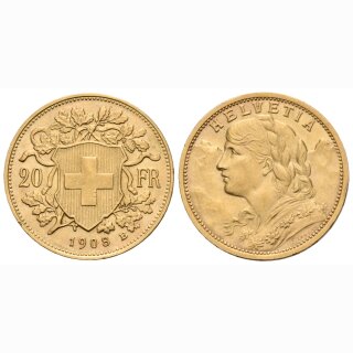 Schweiz 20 Franken 1908 B Goldvreneli