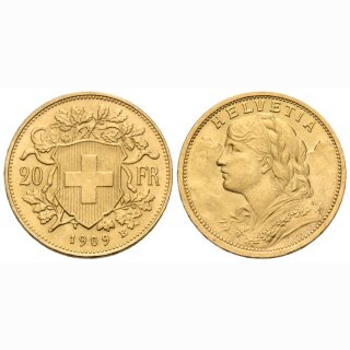Schweiz 20 Franken 1909 B Goldvreneli