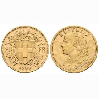 Schweiz 20 Franken 1909 B Goldvreneli