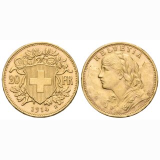 Schweiz 20 Franken 1914 B Goldvreneli