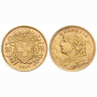 Schweiz 20 Franken 1947 B Goldvreneli