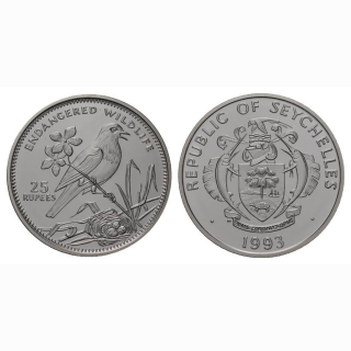 1993 Republik Seychelles 25 Rupees Magpie Robin