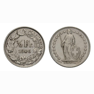 Schweiz 1/2 Franken 1946 Stehende Helvetia Gleichstehend