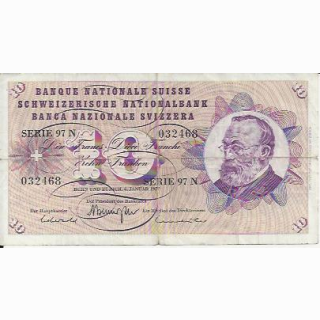 10 Franken Note Keller1977 stark gebraucht