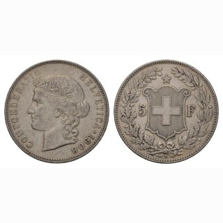 Schweiz 5 Franken  1908 B Frauenkopf