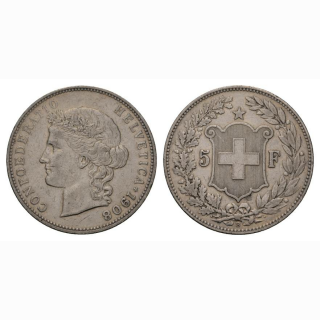 Schweiz 5 Franken 1908 B Frauenkopf