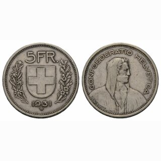 Schweiz 5 Franken 1931 Abart 13 Sterne ü. Kopf