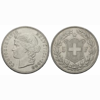 Schweiz 5 Franken 1908 B Frauenkopf