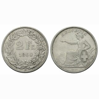 Schweiz 2 Franken 1860 B Sitzende Helvetia