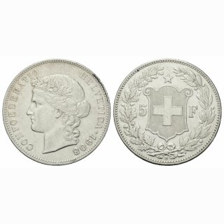 Schweiz 5 Franken 1908 B Frauenkopf