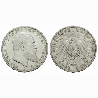 Wuerttemberg 3 Mark 1909 F Wilhelm II